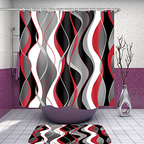 Nkzply 4 Pcs Red And Black Striped Shower Curtain Set With Rugs And Toilet Lid Cover Grey And White Bathroom Sets Red Modern Home Bathroom Décor #TOP1