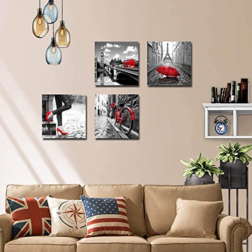 Black And White City Landmark Building Eiffel Tower Wall Art Canvas Print Red High Heels Girl Silhouette Girl Room Decor Red Rose Bicycle Romantic Picture Living Room Bedroom Decoration 12X12 In X4 #TOP3