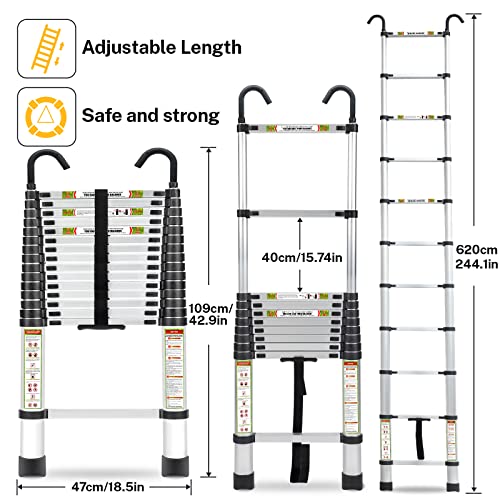 RIKADE Telescopic Ladder, 20.3 ft Aluminum Telescoping Ladder with Stable Hook and Non-Slip Feet, Portable Extension Ladder for Household and Outdoor Working, Max Load 330 lb, Aluminum by RIKADE - Image 2