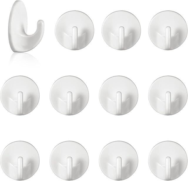 RosewineC Plastic Hooks Self Adhesive, 12 Pcs Seamless Multi-Purpose Hooks, White Plastic Heavy Sticky Hooks Removable Wall Hooks, Wall Hanger for Bathroom, Kitchen, Office, Closet, Glass