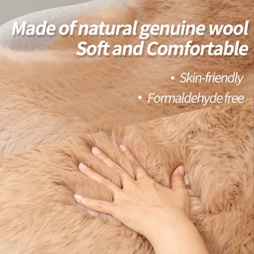 Premium Genuine Fur Sheepskin Rug Real Australia Sheepskin Natural Luxury Fluffy Lambskin Fur Area Rug Seat Covers for Kids Bedroom Sofa Chair Cover (Light Brown, Double Pelt/2ft x 6ft)
