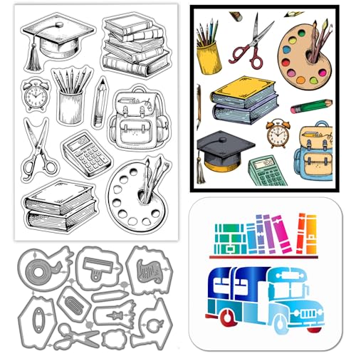 GLOBLELAND Material escolar, carimbos transparentes, matrizes de corte, estênceis de pintura de PET para fazer cartões, paleta de livros, paleta de livros, carimbo de silicone, metal, ônibus escolar