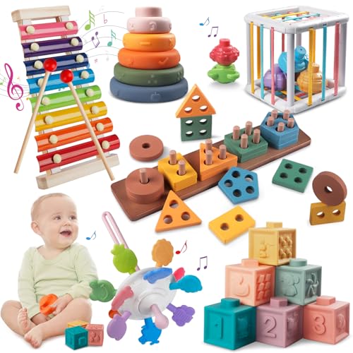Image of Montessori Baby Toy for 1+ Year Old Sorting Stacking Learning Toys 6 to 12 Months Wooden Building Blocks, Xylophone Musical, Infant Teethers Toys for Baby, 6 in 1 Toy Birthday Gifts for Toddlers 1 2 3