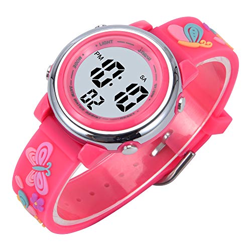 New Butterfly Kids Watches 3D Cartoon Silicone Waterproof 7 LED Color Lights Toddler Digital Wrist Watch with Alarm Stopwatch for 3-10 Year Girls Little Child (Red)3