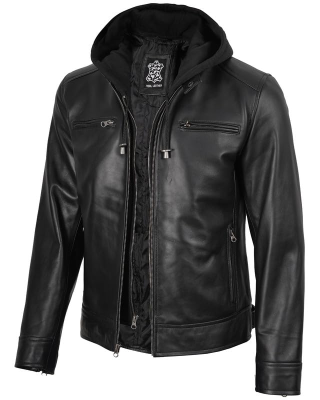 Image of Decrum Men's Real Lambskin Leather Jacket with Hood | Hooded Style, Zip Closure, Exterior and Interior Pockets, Polyester Lining