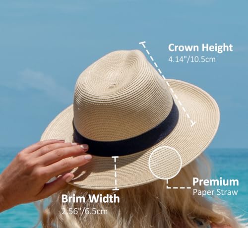 Image of Joywant Womens Straw Fedora Beach Sun Hat, Packable Wide Brim Panama Hat for Women UV UPF50+ Summer Hat