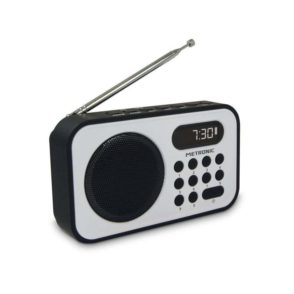 Radio Portable FM Métronic 477222 - Compacte, Affichage Heure, Alarme, Recharge USB, Autonomie 10h - Blanc Et Noir