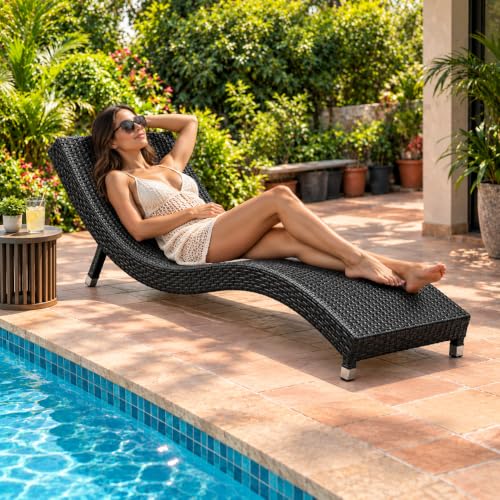 Image of Outdoor Wicker Chaise Lounge, Sun Lounger for Garden, Terrace, Poolside & Patio, Lounge Chair for Sunbathing, Reading & Relaxation (Black)