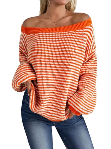 Image of MARZXIN Women's 2026 Fall Long Sleeve Sweaters Casual Loose Striped Off Shoulder Casual Oversized Knitted Sweater Pullovers