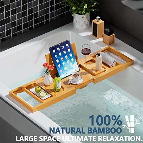 Yirilan Bamboo Bath Tray, Foldable Premium bath caddy, Adjustable bath board with Book Rest, Extendable Wooden Tray Bath shelf – Fits Most Bath Sizes