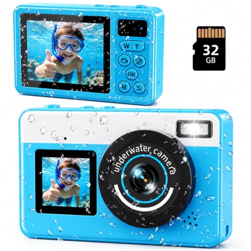 Maxmango D70 4K Camara Acuatica - 48MP 10FT Cámara de Fotos Impermeable para Snorkel - Doble Pantalla Compacta Flotable con 32GB - Zoom Digital 18X para Niños Adolescentes Principiantes Adulto - Azul