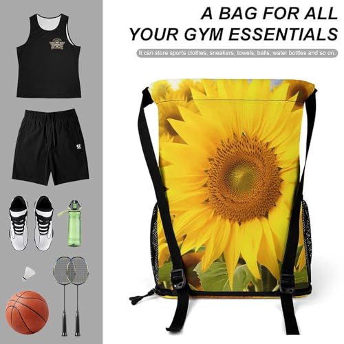 Waterproof Drawstring Gym Backpack with Shoe Compartment & Wet-Proof Pocket - Lightweight 28L Sunflowers Sports Backpack Travel Workout String Bag for Yoga Swim3