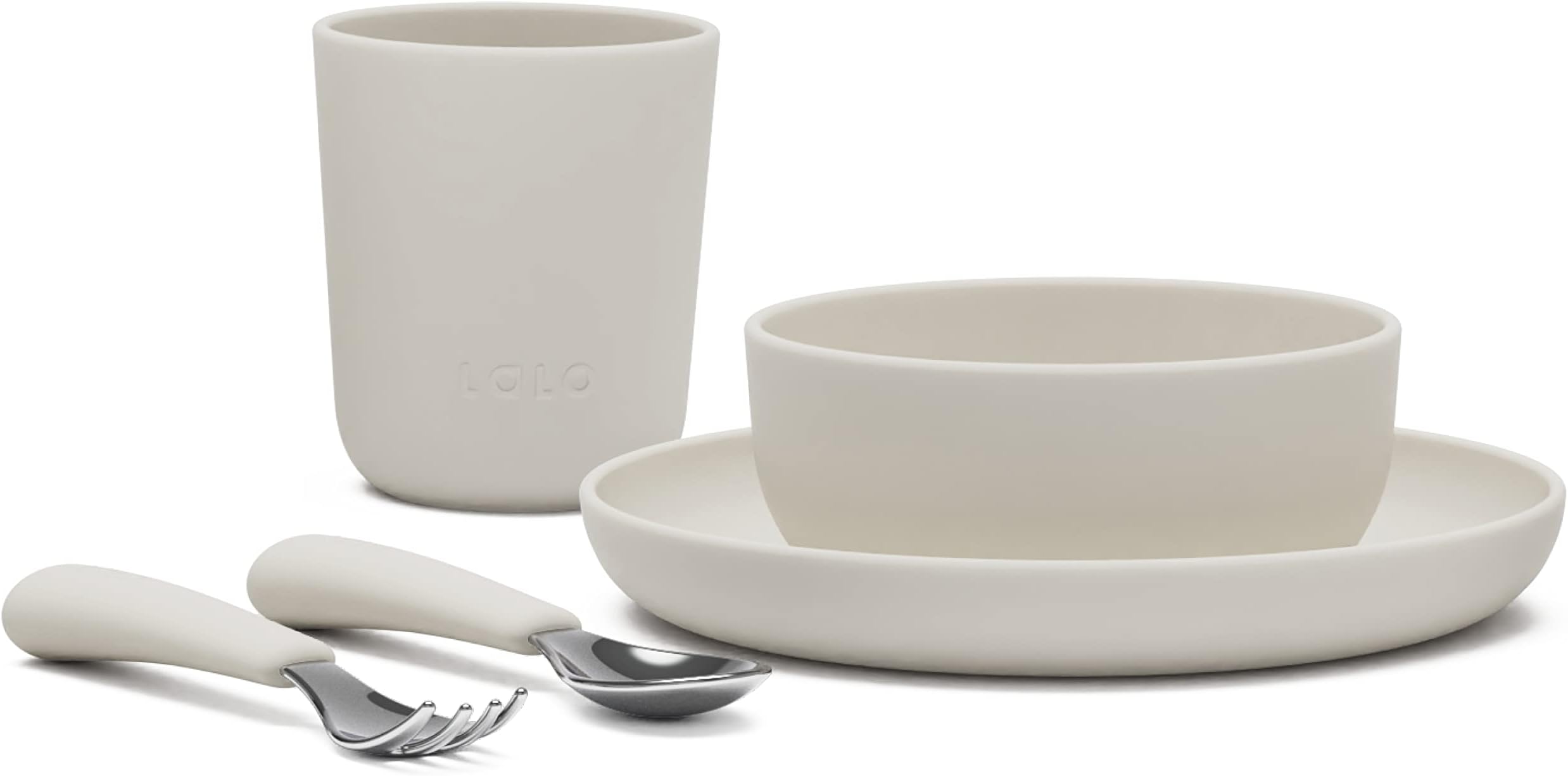 Lalo Big Bites Kids Dinnerware Starter Set - Dishwasher Safe, BPA Free, Kids Tableware Set - Includes Stackable Bowl, Plate, Utensils & Cup - 5 Pieces - Oatmeal