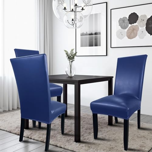 Pu Leather Dining Chair Covers Set of 4, Waterproof Kitchen Chair Covers for Protecting Chairs from Stain/Scratch, Soft & Elastic Parsons Chair Slipcover Well-Fitted for Dinning Room(Navy, 4Pcs) by KIDOACOW - Image 2