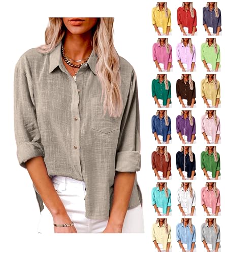 Linen Shirts for Women 2025 Casual Trendy Tee V Neck Solid Color ...