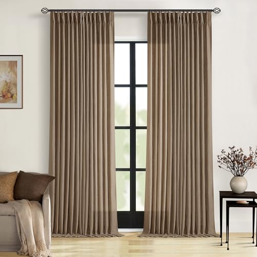 Image of 100 Inch Linen Curtains 2 Panels Set Pinch Pleated for Living Room Bedroom Memory Training Shaped Semi Sheer Dutch Cocoa Pinch Pleat Drapes Hooks Rings Light Filtering Window Curtain Drapes