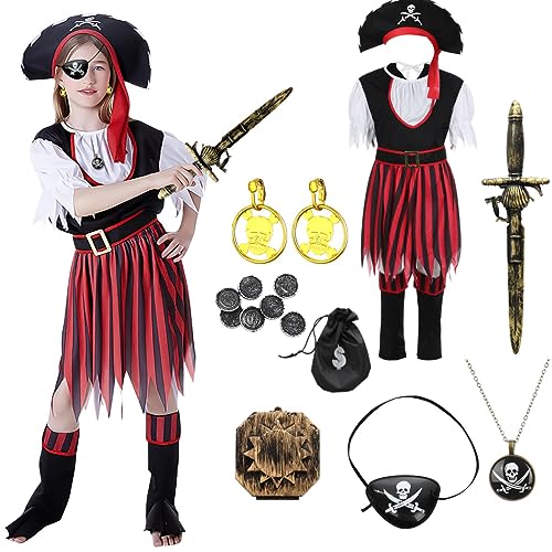 COYLINK Kids Pirate Costume, Buccaneer Dress Up Set for Girls, Cosplay Pirate Outfit with Eyepatch Hat Boot Tops Accessories, Role Play Dress Up Pirate Costume for Girls