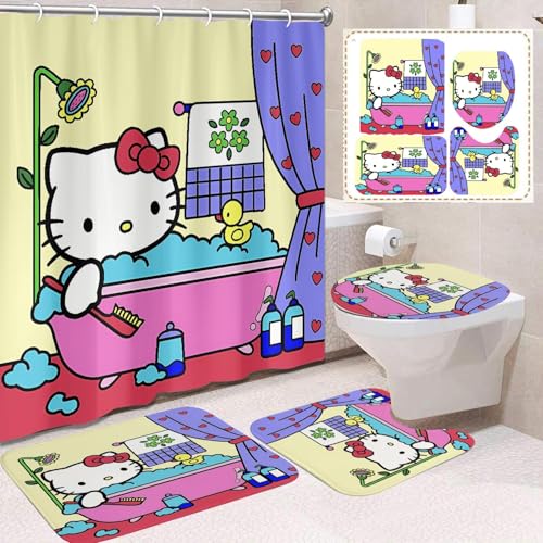 Cute for Kitty Shower Curtain Set 4 Piece with Non-Slip Rugs Toilet Lid Cover and Bath Mat Cartoon Bathroom Decor 72 x 72inch (KT002)