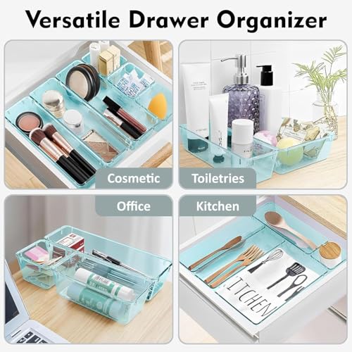 Image of HOMIFLY 20 Piece Unbreakable Drawers Organisers /Multipurpose Drawer Organizer Tray /Storage Box for Dressing Table /Makeup Organiser Tray /Storage Bins For Bathroom /Kitchen (Seablue)