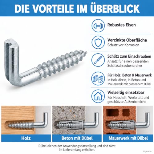 Foto von haggiy Schraubhaken mit Schlitz 5,8 x 60 mm, verzinkt, gerade 25 Stück | Hakenschraube mit Gewinde für Schränke, Einschraubhaken Metallhaken gerade Form für Regale, Bilder, Möbel