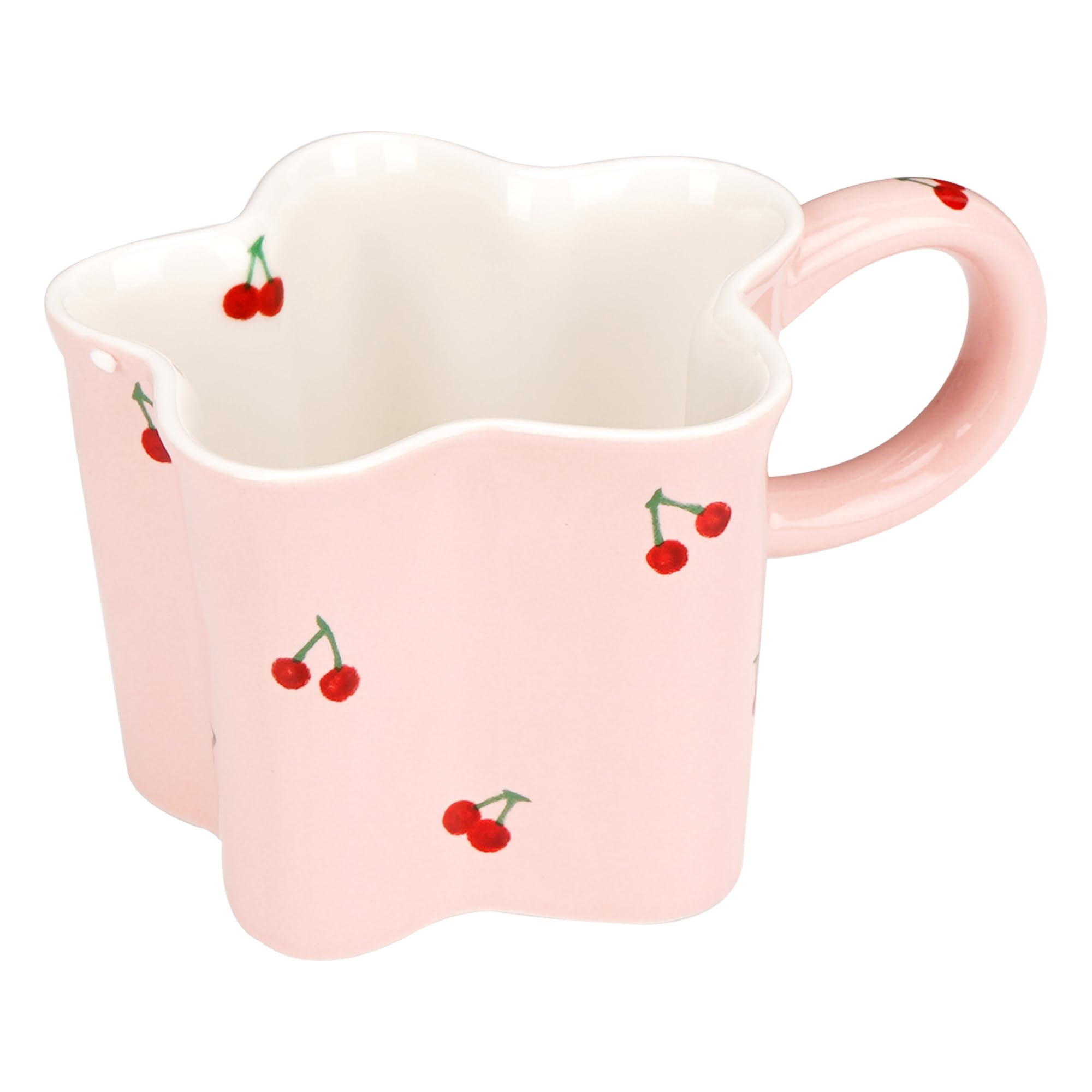 Star Ceramic Coffee Mug with Mini Cherry Pattern, Cute Large Tea Cup for Milk, Cereal, Ideal for Afternoon Tea, Office, Home, Novelty Gift for Women and Girls (Pink)