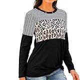 Womens Long Sleeve Color Block Tunic Top Fall Leopard Print Crew Shirts Athletic Trendy Pullover Striped Sweatshirts Black X-Large