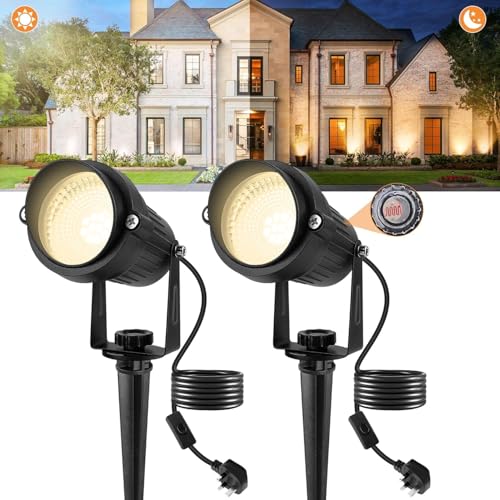 NATPOW Garden Spot Lights with Photocell Sensor Dusk to Dawn Garden Lights Mains Powered Warm White Spike Lights with 1.5M Cord Waterproof Indoor Landscape Spotlight for Lawn Tree House (2 Pack)