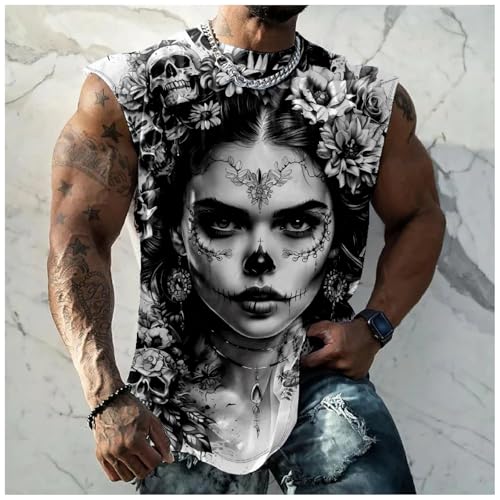 MARSVOVO Graphic Tees Men Street Skull 3D Print Sleeveless Crewneck Oversized Shirt Muscle Quick Dry Tank Tops3