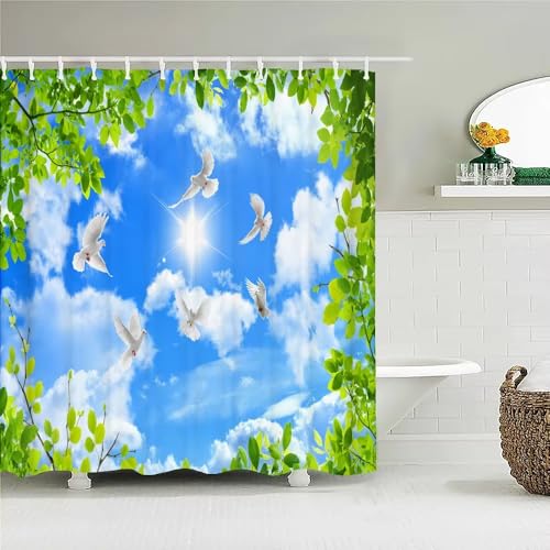 Cortina de Ducha Impermeable con diseño de Nubes y Cielo Azul, con Ganchos (70 x 140 cm)