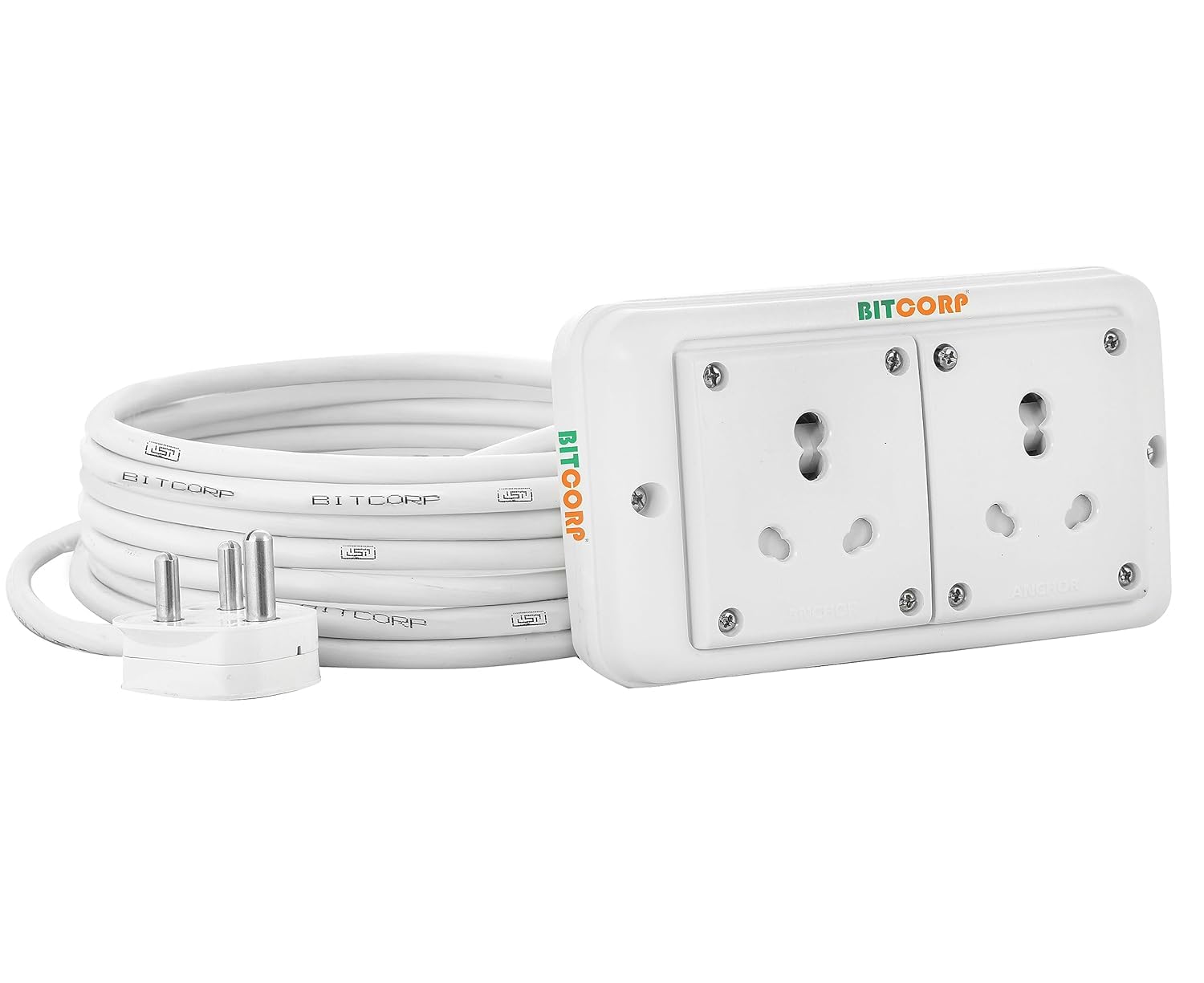 Bitcorp Extension Board 15A 16A 20A Muti Pin 2 Socket (2500W) with Surge Protector 15 Meter Long Cable Cord for Multiple Heavy Duty Home Kitchen Office Outdoor Indoor Appliances (White)