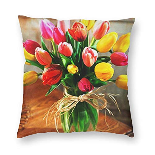 クッションカバー 60×60cm 正方形 チューリップ おしゃれ 北欧 雑貨 ソファ背当て 装飾枕カバー 座布団カバー 抱き枕カバー インテリア飾り 車用 家庭用 レストラン用 ホテル用 1枚セット