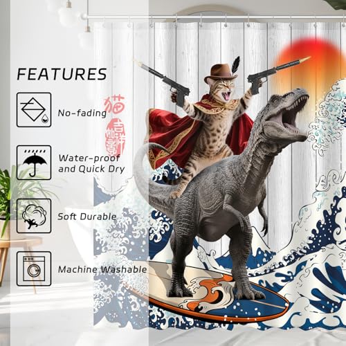 Image of Funny Cat Riding Dinosaur Shower Curtain Set, Japanese Anime Sunset Ocean Waves Home Bathroom Decor, Polyester Cloth Fabric Bath Curtain with 12 Hooks 72 inch W x 72 inch L
