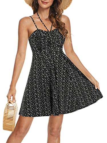 Image of Missufe Spaghetti Strap Floral Mini Dress Women's Casual Ruched Front Drawstring Swing Sundress