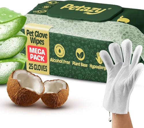 Petazy Pet Glove Wipes for Dogs & Cats Hypoallergenic Thick Cleaning Gloves with Aloe & Coconut Oil for Paws Face Ears & Butt Instant No Rinse Grooming Wipes to Deodorize and Hydrate 25 Pack