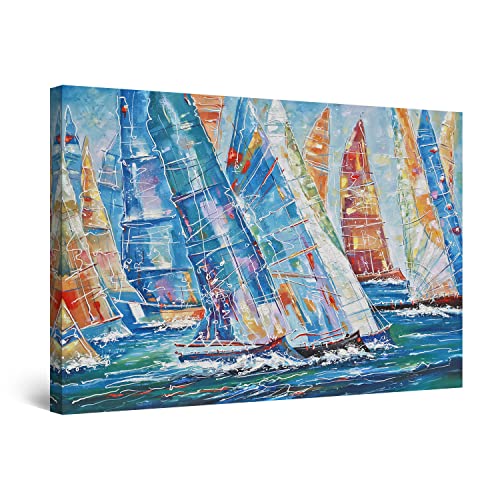 Startonight Quadro su Tela Sfilata di Barche a Vela, Blu Intenso - Quadri Moderni Mare - Stampe Camere da Letto 60 x 90 cm
