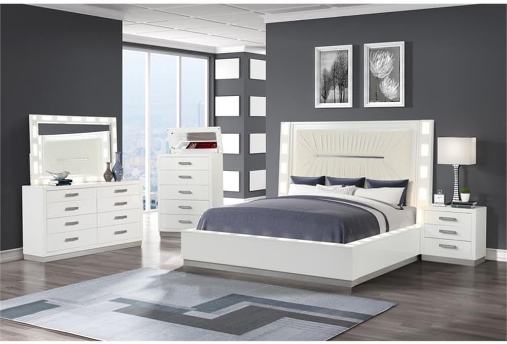 Pemberly Row Modern LED Mirror Set, Solid + Manufactured Wood Frame, Milky White Finish, Built-in LED Lights, 56 x 36 in, Sophisticated Bedroom Decor, Enhances Dresser Functionality