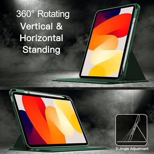 Image of TGK Rotating Case for Redmi Pad SE 11 inch with Pencil Holder 360 Degree Rotation Protective Trifold Stand Cover Clear Back (Forest Green)