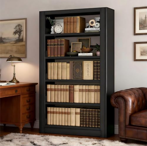 Image of Heavy Duty Metal Bookshelf, 5-Tier Industrial Bookcase with Adjustable Shelves, Large Storage Bookshelf for Living Room, Office, Library, 69 inch H x 36 inch W, Black