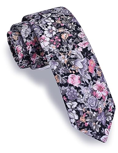 Image of GUSLESON Fashion 2.4 inch(6cm) Floral Skinny Tie for Men Slim Flower Print Cotton Necktie for Wedding Party
