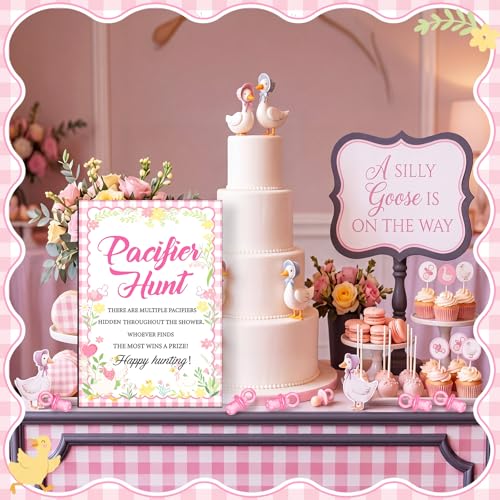 Image of Thyle 51 Pcs Pink Silly Goose Pacifier Hunt Baby Shower Games Silly Goose Decorations Include Hunt Sign and 50 Acrylic Pacifiers for Baby Shower Game Decoration Gift Sets Gender Reveal Party Decor