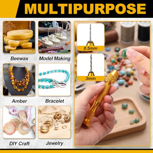 Image of Zhehao 59 Pieces Hand Drill Bits Set Include 49 Pcs Metal Pin Vise Hand Drill Micro Mini Twist Bits and 10 Pcs Tungsten Carbide PCB Rotary Tools for Resin Polymer DIY Jewelry Making Carving (Gold)