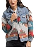 happlan Aztec Denim Jacket For Women Lapel Button Down Print Shirt Coat Shacket (0162-DarkBlue-L)