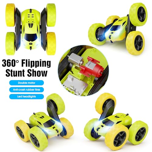 QUNREDA Remote Control Car, RC Car Toys for 6-12 Year Old Boys, Off Road RC Stunt Car 4WD 360° Rotating Remote Control Car for Kids, Boys Girls Gifts for Birthday, Christmas Yellow&Green - 7