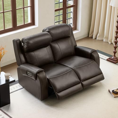 Image of CHITA Genuine Leather Power Recliner Sofa, Loveseat Reclining Sofa, Brown