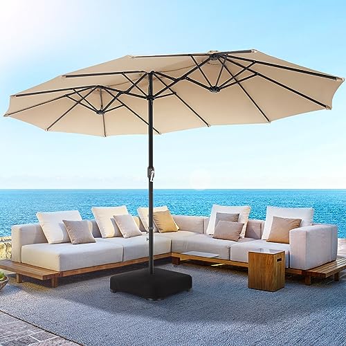 Homdox Waterproof Foldable Patio Umbrella, 8 * 8.5 * 14.5FT UV Resistant Patio Umbrella with Base & 3 Vents, Outdoor Patio Umbrella with Crank for Lawn Pool Beach Terrace Garden Yard, Beige