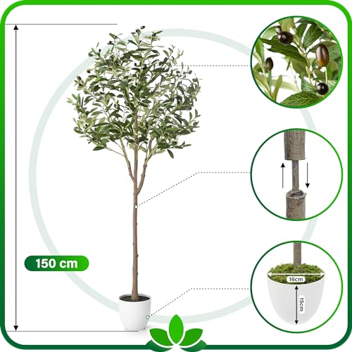 PASCH® Künstlicher Olivenbaum (150cm) - Stilvoll & Naturgetreu | Künstliche Pflanzen groß | Kunstpflanzen groß: Olive Tree | Olivenbaum künstlich groß für EIN mediterranes Ambiente