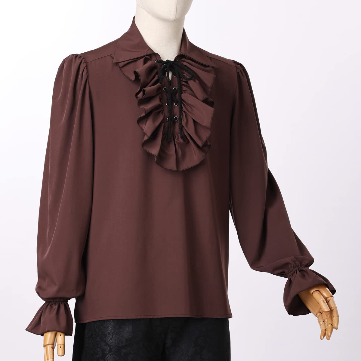 GRACEART Mens Pirate Shirt Ruffle Colonial Shirt Renaissance Poet Frilly Shirt Steampunk Vampire Gothic Costume Brown - Image 2