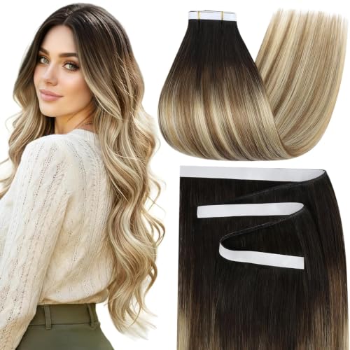 Moresoo Tape in Weft Extensions Human Hair Brown Blonde 22 Inch 65g 2Pcs