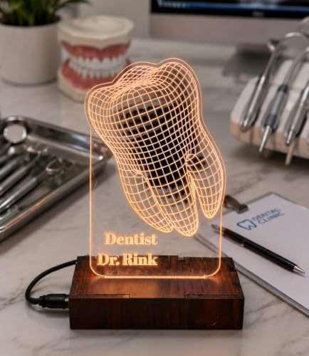 Image of PRINTKART Doctors Name and Designation Personalised LED 3D Illusion Lamp Gift for Doctor Laser Cut Acrylic Transparent Material 6 x 4 Inches, Dentist Tooth with Wooden Base
