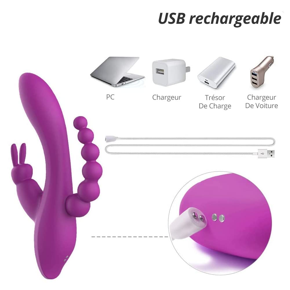 SXOVO 3 in 1 Rabbit Vibrator Stimolatore Anale Clitorideo G-Spot Ricaricabile con 7 Modalità di Vibrazione, Giocattolo Sessuale Impermeabile in Silicone per Donne e Coppie (Viola)
